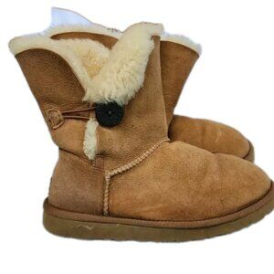 UGG Australia Bailey Button Sheepskin Shearling Brown Suede US Sz 7 Boots *READ*